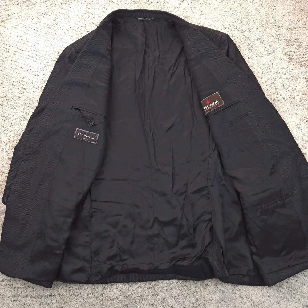 Canali Jacket 46L 56IT Wool Pinstripe Coat Black Button Made In Italy Pravda GUC